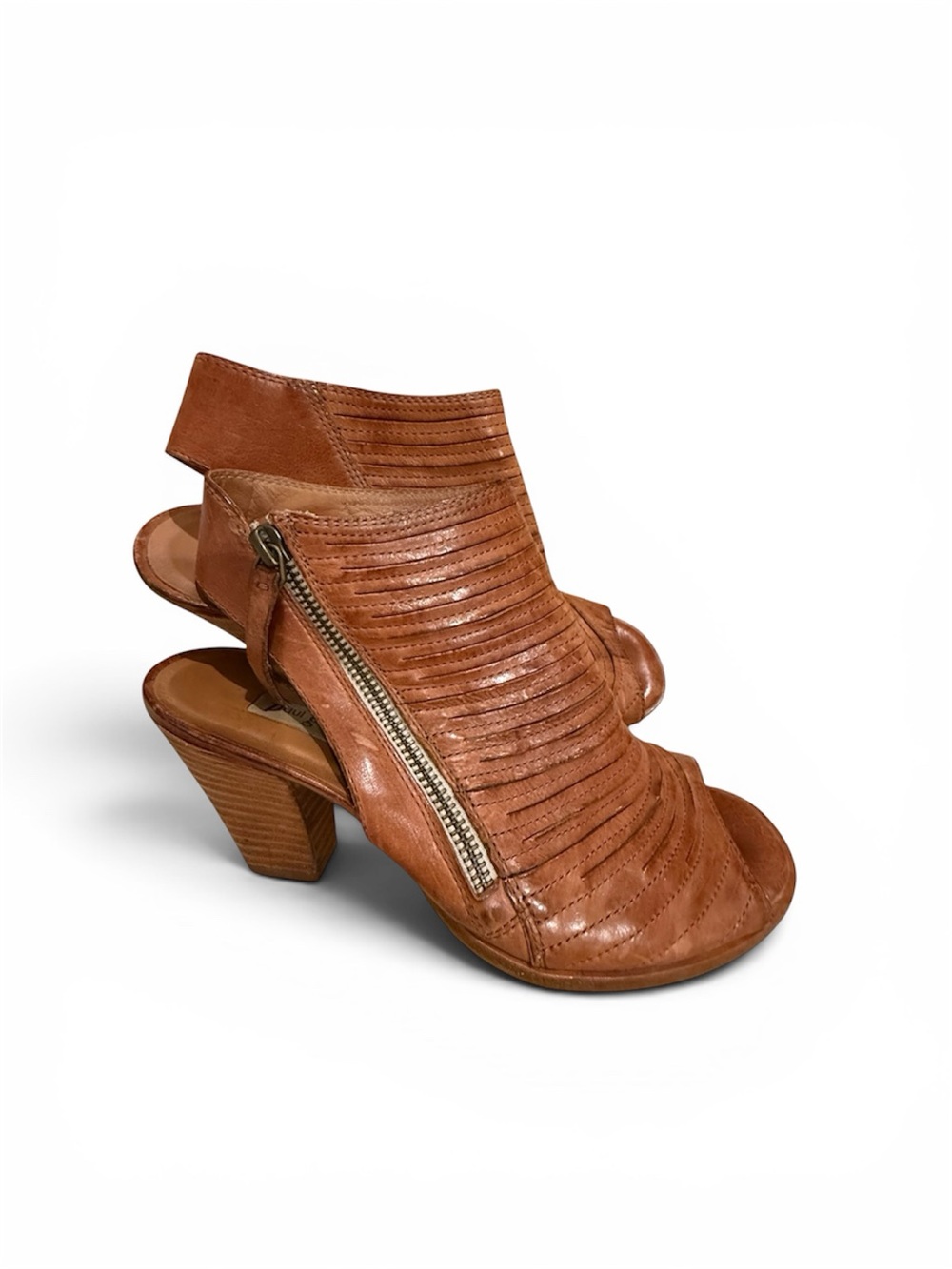 Paul Green Women's Tan Leather Open-Toe Heeled Sandals with Side Zip